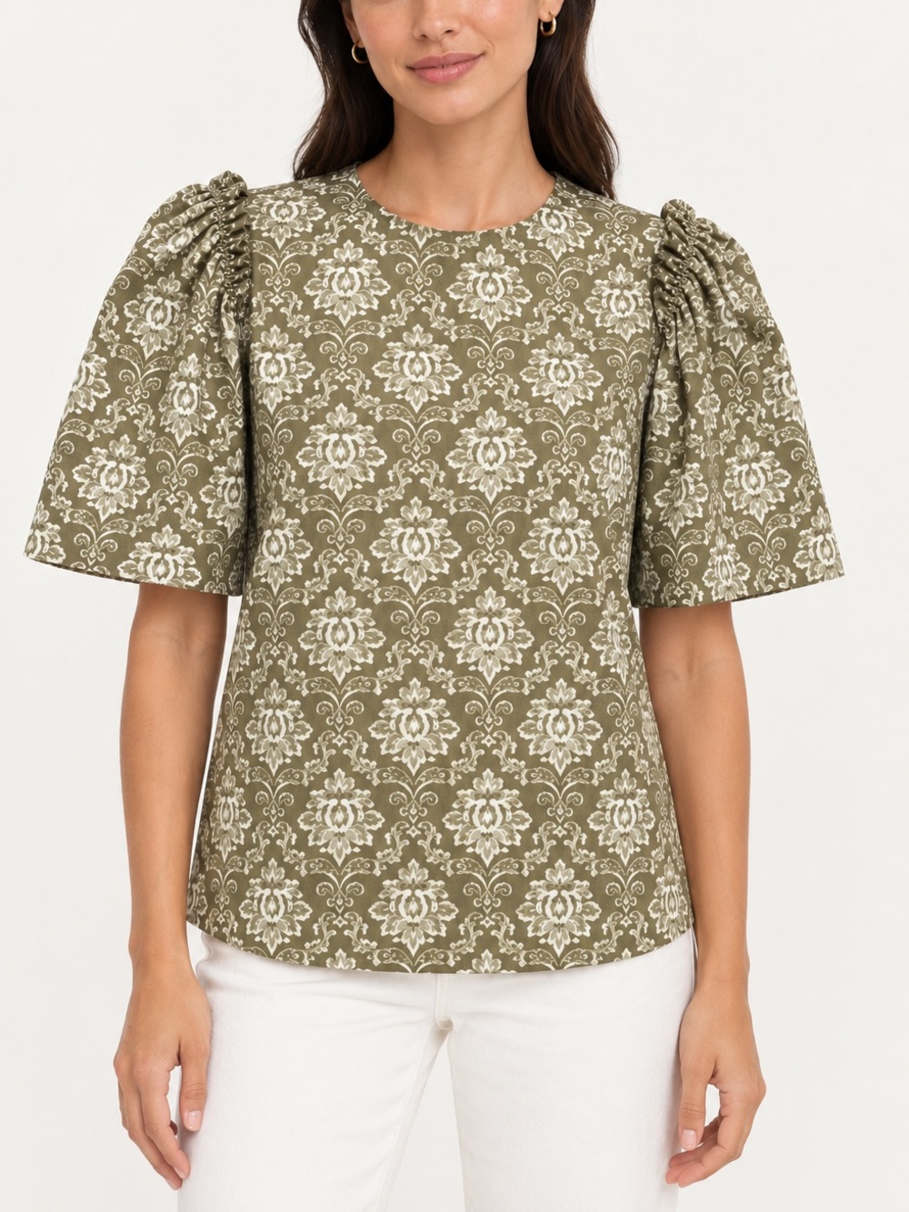 Hyacinth House Tuckernuck Blouse Puff Sleeve Ruffle Floral Olive Medium